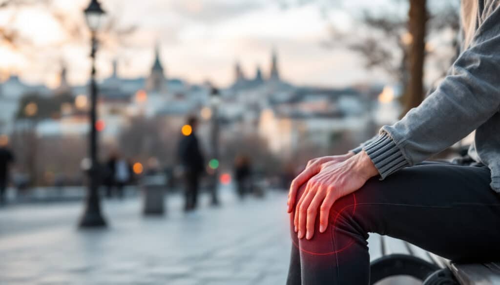 hombre sentado en una banca al aire libre sosteniendo su rodilla con dolor visible