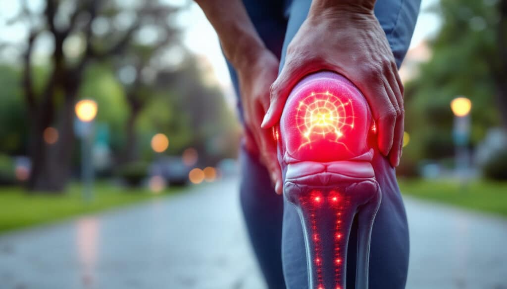 persona sujetando su rodilla con dolor ilustrado con un efecto de luz roja