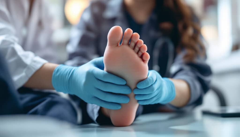 profesional medico evaluando un pie de un paciente con guantes en una consulta