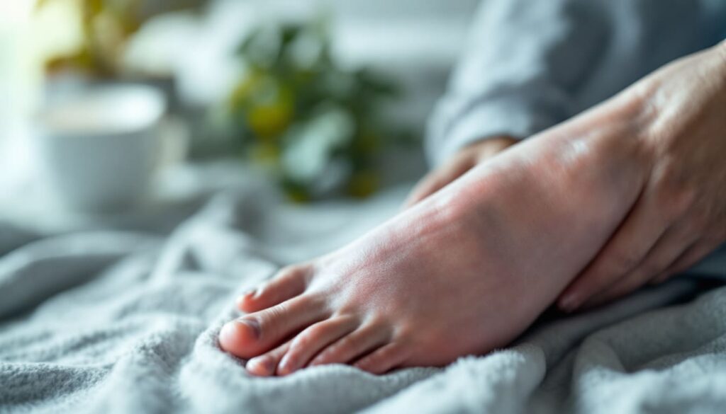 primer plano de pie descalzo sobre cama en ambiente relajado con fondo borroso