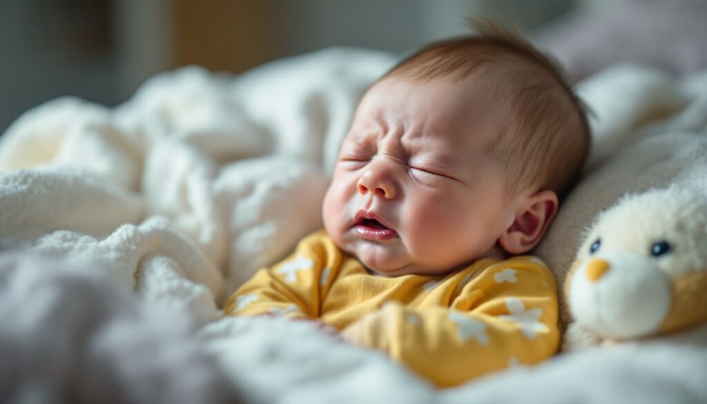 bebe llorando en cama ropa amarilla con peluche blanco