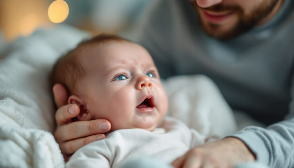 bebe mirando hacia arriba en brazos padres cerca de camara