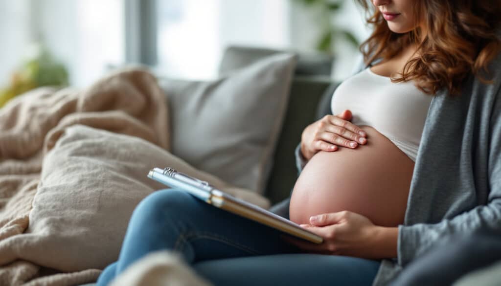 mujer embarazada sentada en un sofa con una tablet