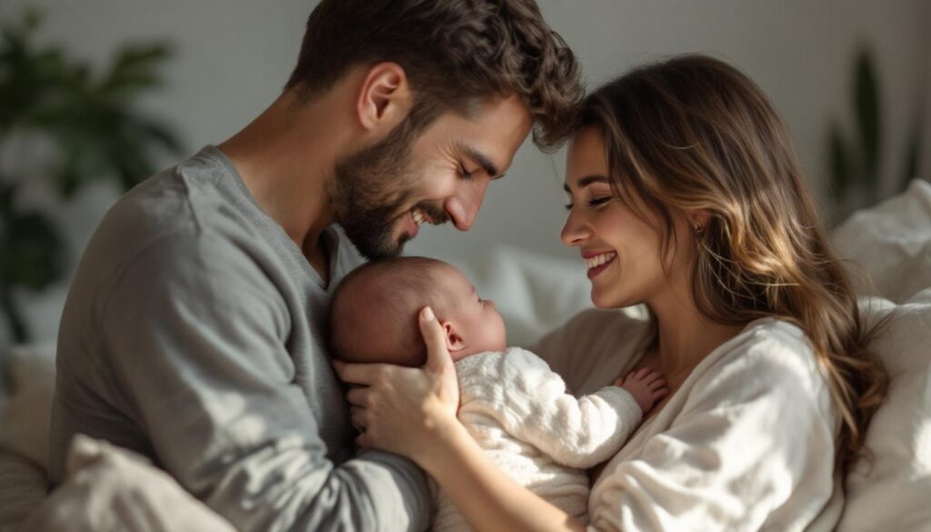 pareja con un bebe sonriendo